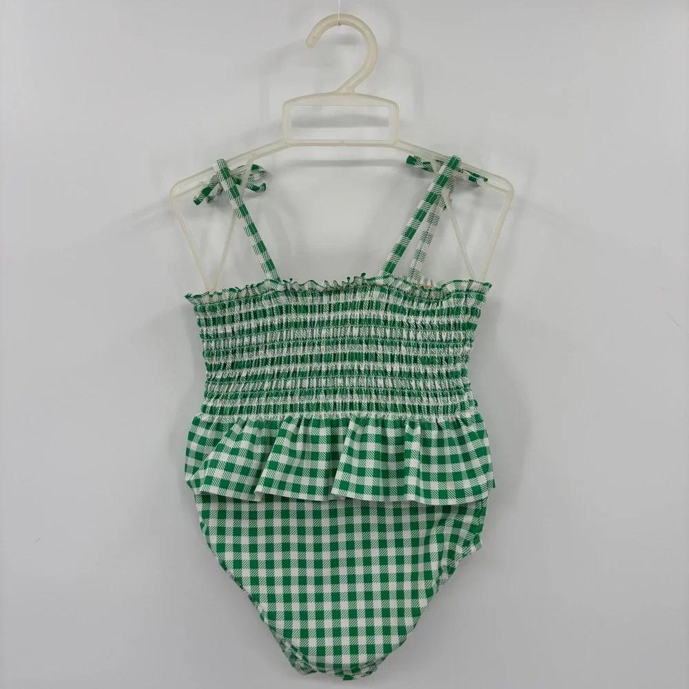 Old Navy One Piece Swimsuit Kids 4T Green Gingham Smocked Peplum Tie Shoulder